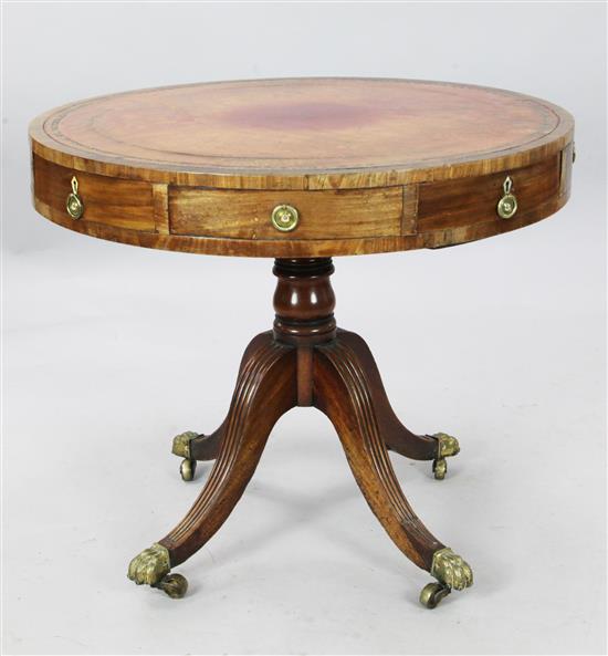 A late 19th century mahogany drum table with inset leather top, W. 2ft 10in. H. 2ft 5in.